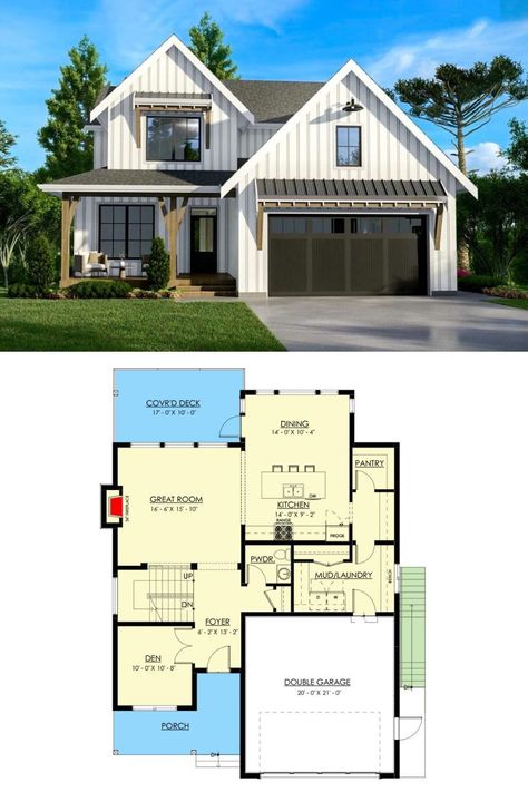 Gorgeous rustic modern farmhouse exterior and 2,231 sq.ft. floor plan of this 4-bedroom 2-story exclusive modern farmhouse plan with open concept living. Follow Homestratosphere for only the best house plans, 4-bedroom house plans, and to see more stunning modern farmhouse plans. By Architectural Designs. Little House Plans, Basement House Plans, Farmhouse Floor Plans, Two Story House Plans, 2 Bedroom House Plans, 4 Bedroom House Plans, Floor Plan 4 Bedroom, Garage House Plans, Simple House Plans