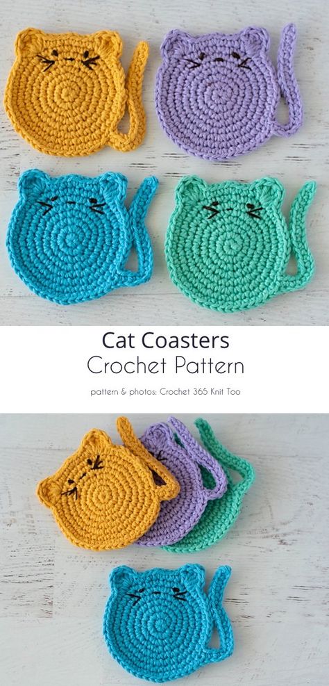 Animal Coaster Free Crochet Patterns Cat Coaster Free Pattern, Diy Crochet Coasters Free Pattern, Fat Cat Coasters Crochet Free Pattern, Crochet Pattern Coaster Free, Free Cat Coaster Crochet Patterns, Crocheted Cat Coasters Free Pattern, Cute Crochet Cat Free Pattern, Cat Coasters Sewing, Free Crochet Cat Coaster Pattern