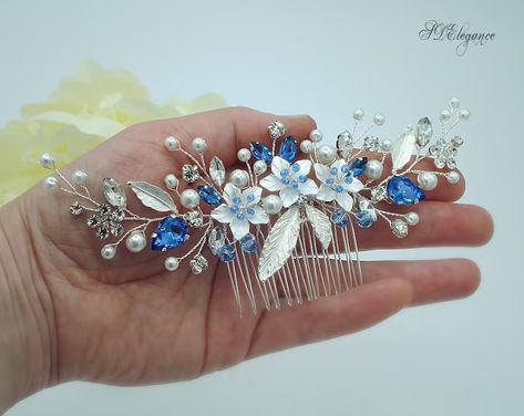 Blue Bridal Hair Comb Navy Blue Headpiece Silver Wedding | Etsy Sapphire Hair, Diamond Headpiece, Silver Wedding Hair, Blue Headpiece, Blue Wedding Hair, Blue Hair Accessories, Silver Hair Comb, Floral Hair Pieces, Silver Head Piece