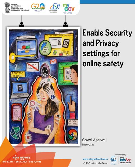 #Paintingoftheday Enable Security and Privacy settings for online safety #cybersecurity #securitytips #cyberawareness #MeitY #MyGov #NIC #CertIn Poster About Online Safety And Security, Right To Privacy Poster, Stay Safe Online Drawing, Online Security Poster, Safety And Security Poster, Digital Safety Poster, Cybersecurity Drawing, Cybersecurity Awareness Posters, Online Safety Poster