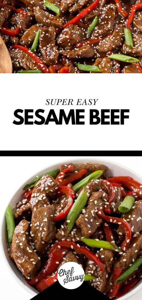 Try this Easy Healthy Sesame Beef Recipe! This super easy sesame beef recipe is comprised of tender flank steak that’s stir fried with red peppers and green onions. Best of all, it tastes better and is healthier than takeout! Follow Chef Savvy for more Dinner Ideas for Family! Asian Flank Steak, Tender Flank Steak, Steak Stirfry Recipes, Sesame Beef, Steak Stir Fry, Meat Marinade, Beef Stir Fry, Flank Steak, Stir Fry Recipes