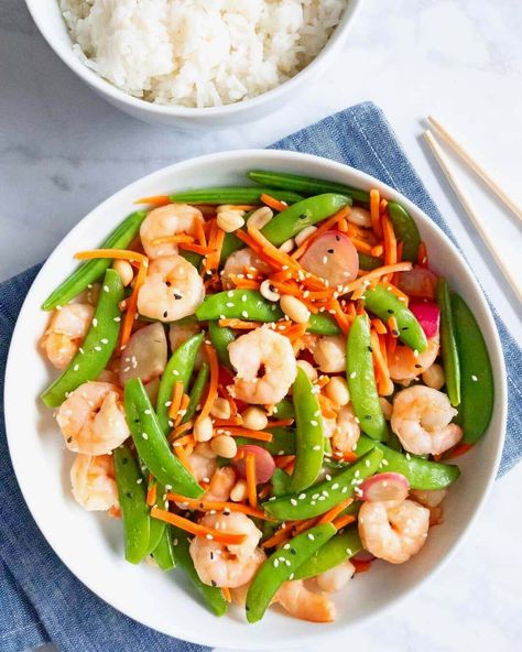 Shrimp and Snap Pea Stir-Fry - Herbs & Flour Snap Pea, Shrimp Stir Fry, Sauteed Shrimp, Gluten Free Rice, Pea Pods, Sugar Snap Peas, Snap Peas, Fresh Seafood, Food Prep