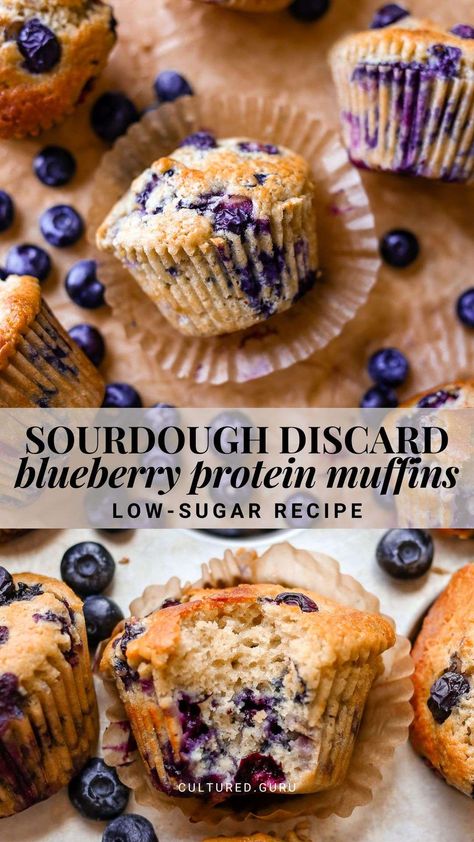 A high-protein sweet snack that uses up some sourdough discard? Sign us up! Moist, rich, and bursting with flavor—the perfect baking recipe for blueberry season. Enjoy these blueberry protein muffins for breakfast, a snack, or dessert. #blueberry #muffins #protein Sourdough Discard Protein Muffins, Protein Sourdough Discard Recipes, Sourdough Muffins Blueberry, Sourdough Lunch Ideas, Sourdough Protein Muffins, High Protein Sourdough Discard Recipes, Sourdough Protein Recipes, Blueberry Muffins Protein, Lemon Blueberry Muffins Healthy