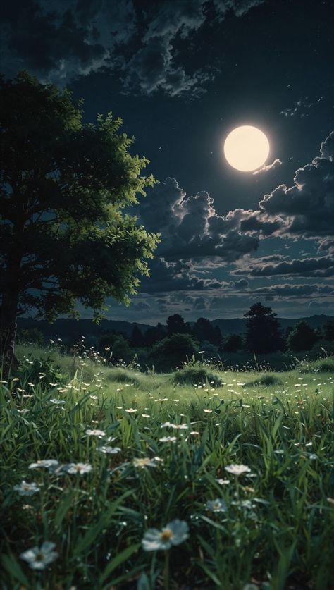 the full moon shines brightly in the night sky over a grassy field with daisies Rainy Iphone Wallpaper, Calm Nature Drawing, Tablet Background Wallpapers Aesthetic, Rainy Sky Wallpaper, Tablet Wallpaper Landscape, Wallpaper Iphone Landscape, Midnight Scenery, Blossom Wallpaper Aesthetic, Tablet Wallpaper Aesthetic Hd