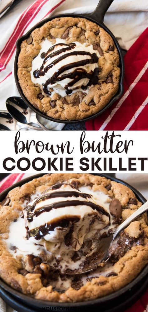 Want a warm, gooey dessert that's perfect for sharing? The nutty, toffee flavor and melted chunks of milk chocolate make this Brown Butter Chocolate Chip Skillet Cookie for two the perfect dessert to split with someone special! | brown butter chocolate chip cookies recipe | brown butter chocolate chip cookie skillet | brown butter chocolate chip cookies | chocolate chip skillet cookie recipe | chocolate chip skillet cookie easy Skillet Cookie For Two, Cookie For Two, Skillet Cookie Recipe, Chocolate Chip Skillet Cookie, Cookie Skillet, Brown Butter Chocolate Chip, Brown Butter Cookies, Brown Butter Chocolate Chip Cookies, Skillet Chocolate Chip Cookie