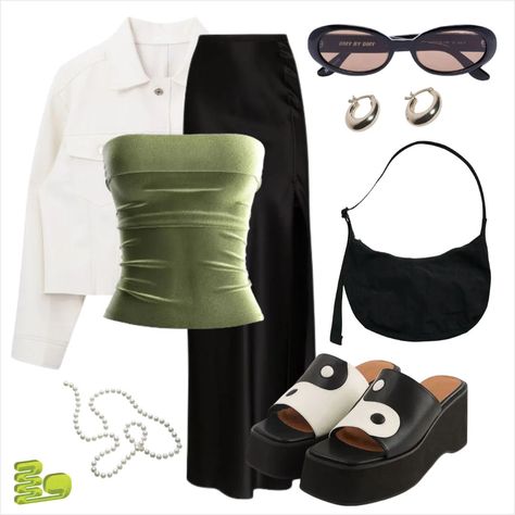 black long skirt+green top+white jacket Green Top Outfit, Black Skirt Outfit, Black Long Skirt, Black Skirt Outfits, Going Out Outfit, Top Outfit, Skirt Outfit, Green Top, Going Out Outfits