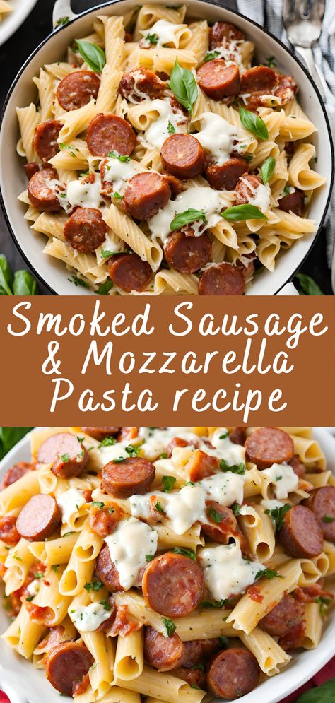 Smoked Sausage & Mozzarella Pasta is a hearty, flavorful dish that’s perfect for a cozy dinner. The smoky sausage combined with gooey mozzarella and tender pasta creates a delightful meal that’s sure to become a family favorite. Let’s get cooking! Things To Make With Smoked Sausage, Smoked Sausage And Noodles, Recipes With Smoked Sausage, Spaghetti And Sausage, Sausage Mozzarella, Andouille Sausage Recipes, Smoked Sausage Pasta, Sausage Recipes For Dinner, Smoked Sausage Recipes