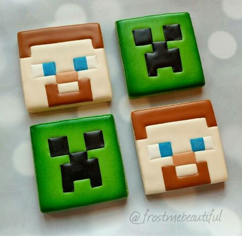 Minecraft Cookies Decorated, Birthday Party Minecraft, Minecraft Cookies, 3 Cookies, 10th Birthday Party, Minecraft Birthday Cake, Frosted Cookies, Cookie Kingdom, Cake Diy