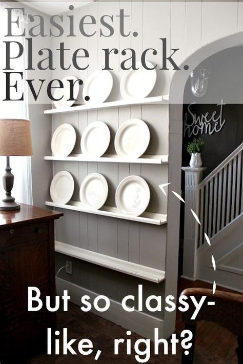 The Easiest DIY Plate Rack Ever - The Creek Line House                                                                                                                                                                                 More Plate Rack Metal, Platter Display Ideas Plate Racks, Plate Wall Shelves, Platter Display Shelf, Displaying Decorative Plates, Plate Holders For Wall, Wall Plate Display, Plate Display Ideas, Wall Plate Holder