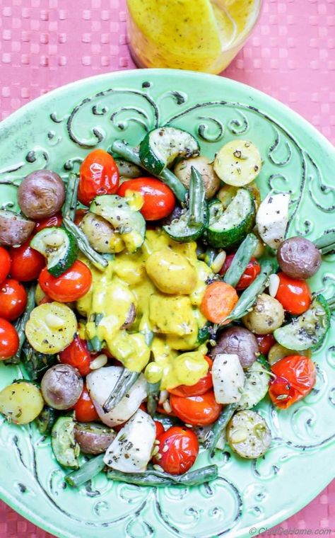 Bombay Veggie Bowl - Roasted Vegetables with Coconut Curry Dressing Recipe | ChefDeHome.com Curry Dressing Recipe, Chicken Khao Soi, Yellow Coconut Curry, Vegetarian Laksa, Coconut Curry Vegetarian, Curry Dressing, Lemongrass Paste, Chili Garlic Paste, Coconut Curry Soup