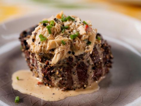 Chicago Steakhouse Peppercorn-Crusted Filet with Crab Au Poivre Recipe | Jeff Mauro | Food Network Chicago Steakhouse, Peppercorn Steak, Jeff Mauro, The Kitchen Food Network, Geoffrey Zakarian, Sunny Anderson, Beef Filet, Beef Steak, Beef Dishes