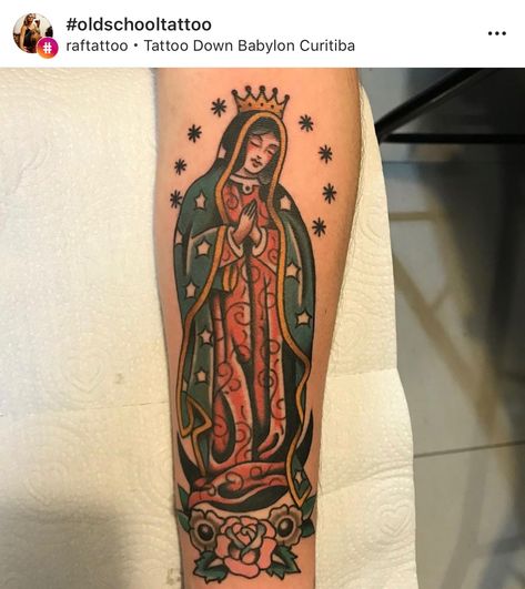 Mary Tattoo Traditional, Jesus Traditional Tattoo, Traditional Virgin Mary Tattoo, Religous Tattoo, Guadalupe Tattoo, Trad Tattoos, Catholic Tattoos, Virgin Mary Tattoo, Pop Art Tattoos