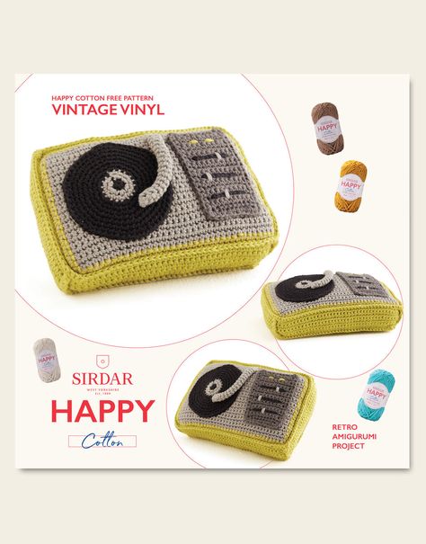 Vintage Vinyl in Happy Cotton | Sirdar Crochet Vynil Record, Crochet Record Player, Grid Crochet, Crochet Retro, Crochet Storage, Machine Pattern, Crochet Vintage, Knitting Needles Sizes, Fun Crochet Projects