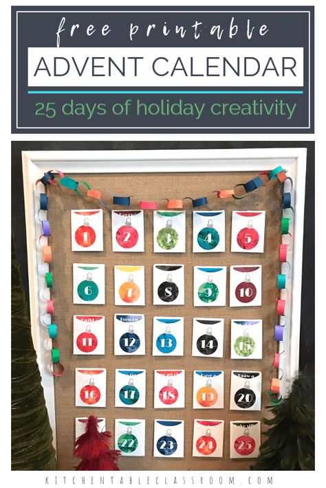 Make your own advent calendar with this free printable.  This DIY advent calendar will encourage creativity by providing a prompt, project, or activity! Advent Calendar For Toddlers, Make Your Own Advent Calendar, Advent Crafts, Homemade Advent Calendars, Advent Calendar Ideas, Advent Calendar Activities, Christmas Classroom Door, Printable Advent Calendar, Calendar Activities