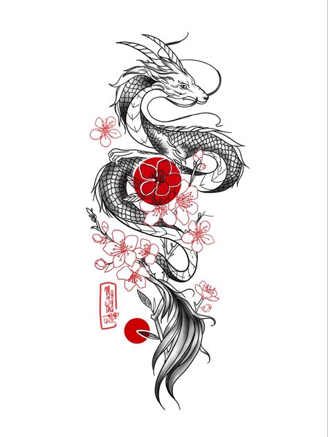 Red Dragon Tattoo, Sakura Tattoo, Dragon Tattoo Art, Chinese Dragon Tattoos, Cute Tats, Dragon Tattoo For Women, Red Tattoos, Dragon Tattoo Designs, Tattoo Project