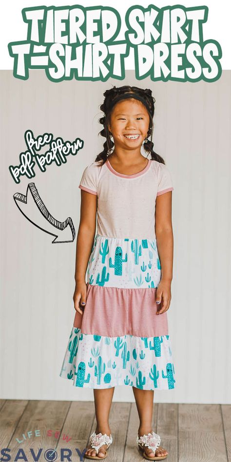 Use this tiered skirt pattern to make a t-shirt dress perfect for play or school. A free pdf pattern will get you started with the top and then my tiered skirt tutorial will complete the look. 3 Tiered Skirt Pattern, Skirt Sewing Pattern Free, Skirt Dress Pattern, Tiered Skirt Pattern, Tiered Dress Pattern, Girls Skirt Patterns, Skirt Pattern Free, Toddler Patterns, Sewing Creations