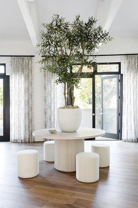 Foyer Round Table, White Round Table, Transitional Home Design, Potted Olive Tree, Dining Roo, Transitional Dining Room, Entrance Table, Timeless Interiors, Foyer Table