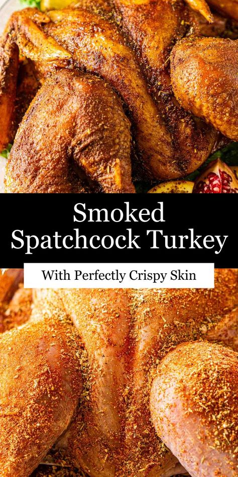 Make your next holiday meal one to remember and serve this succulent, crispy smoked spatchcock turkey! This turkey is coated with a flavorful dry rub and then smoked low and slow to infuse the perfect kiss of smoke into wonderfully tender, moist meat. The whole family is sure to fall in love with this smoked turkey. Smoked Spatchcock Turkey, Smoked Whole Turkey, Thanksgiving Recipes Drinks, Spatchcock Turkey, Smoked Turkey Recipes, Perfect Kiss, Easy Chicken Breast, Pellet Grill Recipes, Whole Turkey