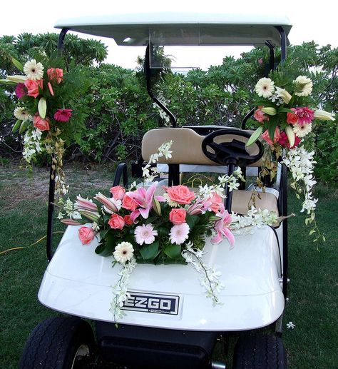 Wedding style golf cart - Perfect for an island style wedding on Put-in-Bay, Ohio. Island Style Wedding, Golf Cart Decorations, Wedding Golf, Put In Bay, Car Wedding, Golf Wedding, Golf Cards, Custom Golf Carts, Wedding Car Decorations