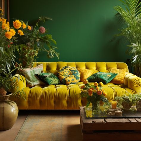 Bright Green Living Room, Apt Aesthetic, Colors With Yellow, Lounge Green, Green Sofa Living, Yellow Couch, Painting Hacks, Yellow Furniture, Home Decor Painting