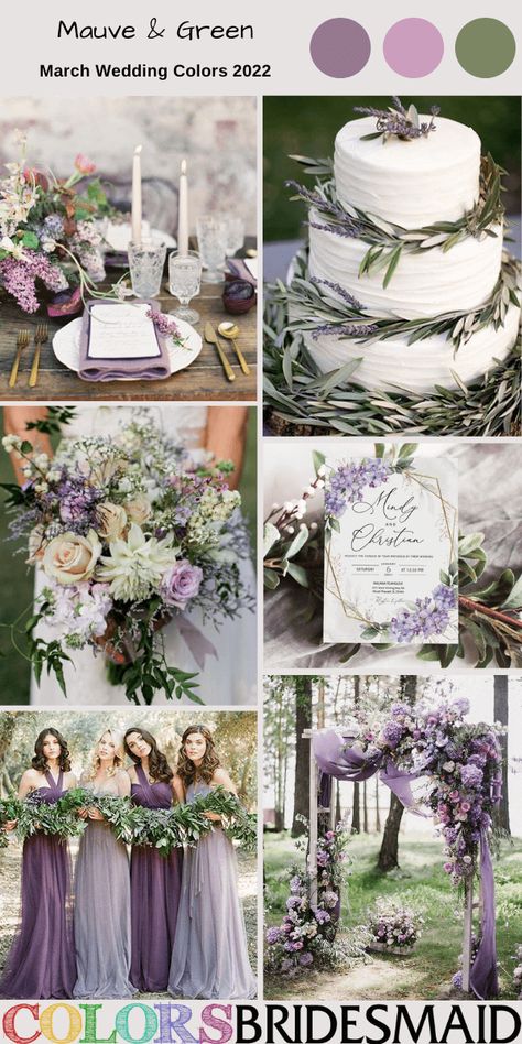 Top 8 March Wedding Color Combos for 2022 - ColorsBridesmaid March Wedding Colors, Lavender Wedding Colors, Lavender Wedding Theme, Sage Green Wedding Colors, Wedding Theme Color Schemes, Purple And Green Wedding, Wedding Color Palettes, Wedding Color Combos, Purple Wedding Theme