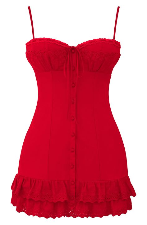 Channel your fiesty side in this vintage-inspired dress with delicate embroidery details along soft ruffles and fabric-covered buttons down the front. Exclusive retailer Sweetheart neck Adjustable straps Lined 65% cotton, 32% nylon, 3% elastane Dry clean Imported Cherry Corset, Blended Cocktail, Estilo Dark, House Of Cb, Inspired Dress, Stretch Dress, Most Romantic, The Pretty, Corset Dress