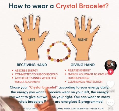 Crystal Bracelet Placement, Wearing Crystal Bracelets, Which Hand To Wear Crystal Bracelet, Bracelet Placement, Witch Facts, Crystal Healing Room, Crystal Divination, Spirituality Tips, Crystal Corner