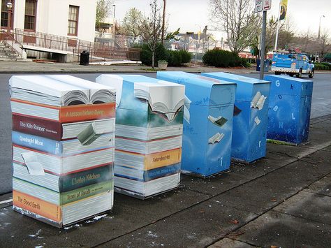 Book Drop Box Art @ Main Library - 0038 by Hayward Public Library, via Flickr Library Book Drop, Drop Box Ideas, Library Signage, Paint Book, Storybook Theme, Library Book Displays, High School Library, Architecture Quotes, Drop Box