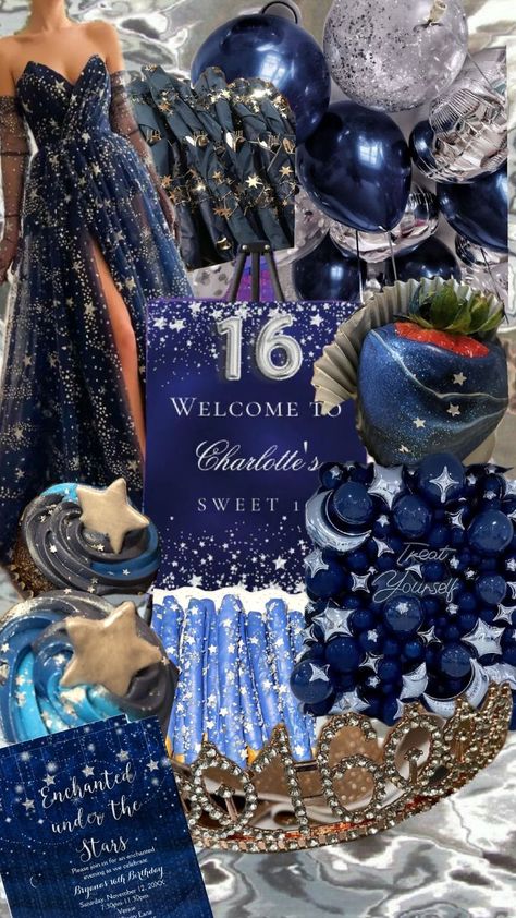 silver stars,navy blue or black background Sweet Sixteen Themes, Blue Sweet 16, Sweet Sixteen Birthday Party Ideas, Sweet 16 Themes, Bat Mitzvah Party, Blue Birthday Parties, Sweet 16 Decorations, Bday Party Theme, Sweet Sixteen Parties