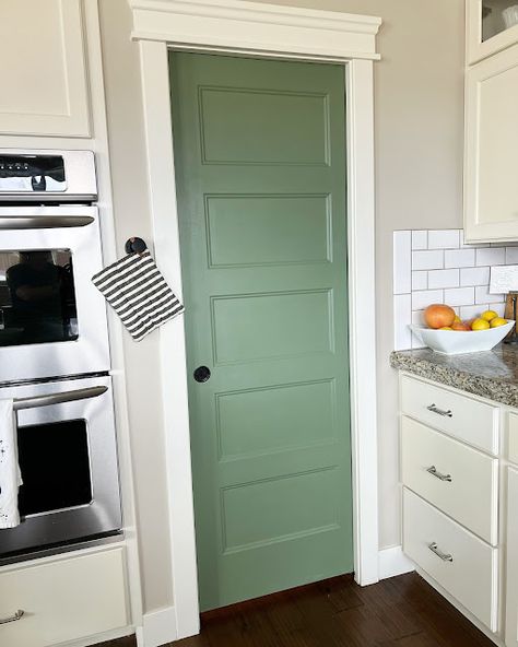 Green Interior Doors With White Trim, Green Closet Doors, Green Pantry Door, Green Interior Doors, Green Pantry, Painted Pantry Doors, Best Green Paint Colors, Laundry Remodel, Painted Pantry