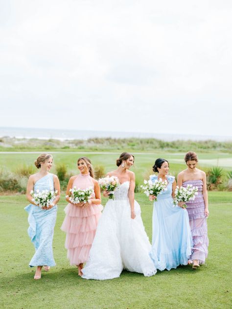 Pastel dreams for this mix matched bridesmaids look in South Carolina. Purple, Blue & Pink bridesmaids dresses with different prints & texture. Blue Purple Pink Wedding Bridesmaid Dresses, Summer Wedding Colors Pastel, Pink Purple Blue Bridesmaids, Pink And Blue Bridesmaids, Pastel Wedding Bridesmaids Dresses, Pastel Colour Bridesmaid Dresses, Bridesmaid Dresses Mismatched Purple, Kiawah Island Wedding, Mismatched Bridesmaid Dresses Blue