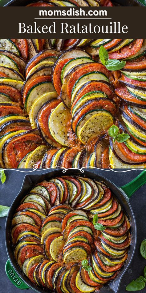 This baked ratatouille features a jaw-dropping arrangement of veggies smothered in a garlicky tomato sauce. Eggplant, zucchini, squash, tomatoes… oh my! Fall Eggplant Recipes, Zucchini Squash Eggplant Recipes, Thanksgiving Zucchini Recipes, Tomato Eggplant Recipes, Fall Ratatouille Recipe, Eggplant Healthy Recipes, Eggplant Tomato Recipes, Zucchini And Eggplant Recipes, Zucchini Tomato Recipes