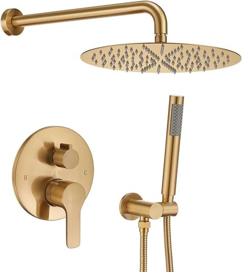 Iriber Brushed Gold Shower System Wall Mounted Shower Faucet Mixer Set with 10 Inches Rain Shower head and Handheld, Bathroom Shower Trim Kit Contain Pressure Balance Valve - Amazon.com Rain Head, Shower Rose, Gold Shower, Shower Holder, Shower Faucet Sets, Wall Mount Faucet, Black Shower, Champagne Bronze, Handheld Shower Head