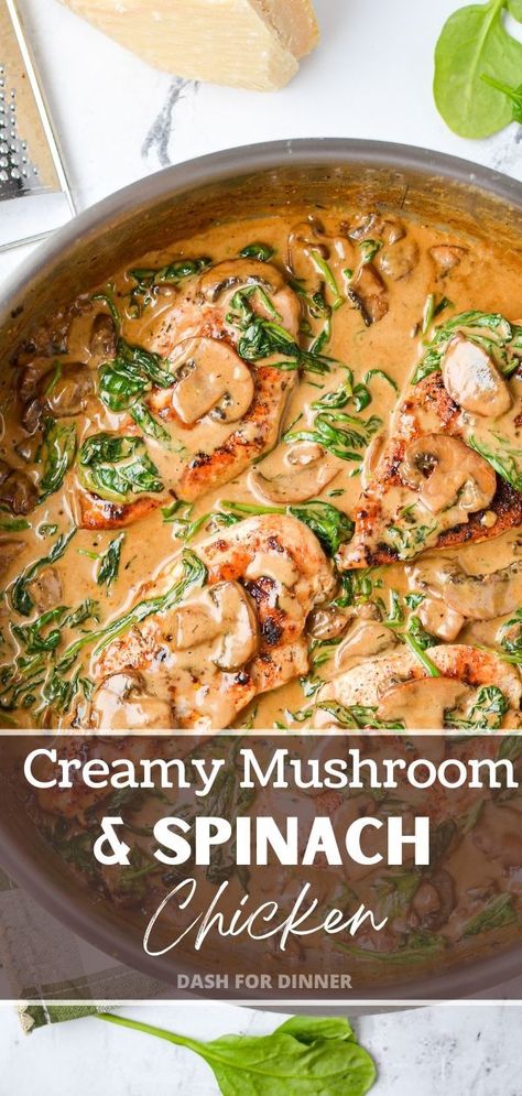 Are you looking for an easy and tasty dinner that won't take up too much time? Look no further than this delicious Creamy Chicken and Spinach Skillet! This quick, one-pan meal is perfect for any night of the week. Packed with flavor and protein, it's sure to please the whole family - plus it's a delicious keto and low-carb option. So if you're in the mood for some comforting and satisfying chicken recipes, give this one a try tonight! Chicken And Mushroom Recipes Skillet, High Protein Creamy Chicken, No Carb Supper Ideas, Chicken Mushroom And Spinach Recipes, Creamy Spinach Mushroom Chicken, Skillet Chicken And Mushrooms, Chicken Thigh Spinach Recipes, Chicken Broccoli And Mushroom Recipes, Keto Chicken And Mushrooms Recipes