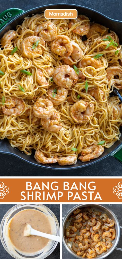 This Bang Bang shrimp pasta features juicy shrimp and angel hair pasta tossed in a sweet, spicy, and creamy sauce. It's absolutely divine and ready in under 30 minutes! Shrimp Angel Hair Pasta Recipes, Shrimp And Angel Hair Pasta, Shrimp Angel Hair Pasta, Bang Bang Shrimp Pasta, Angel Hair Pasta Recipes, Shrimp Fettuccine Alfredo, Bang Bang Shrimp, Fettuccine Alfredo Recipes, Creamy Pasta Recipes