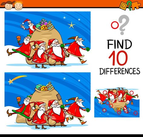 Christmas Find The Difference, Spot The Difference Kids, Find 10 Differences, Brain Teasers For Kids, Xmas Theme, Toddler Education, Paper Games, Vector Christmas, English Activities