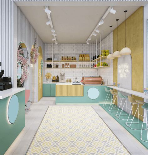 Lovely & Modern Ice Cream Store Interior 3D Design Counter Restaurant Design, Counter Restaurant, Ice Cream Store, Blue Interior Design, Bubble Tea Shop, Bubble Wall, Ice Cream Bar, Coffee Ice Cream, Business Decor