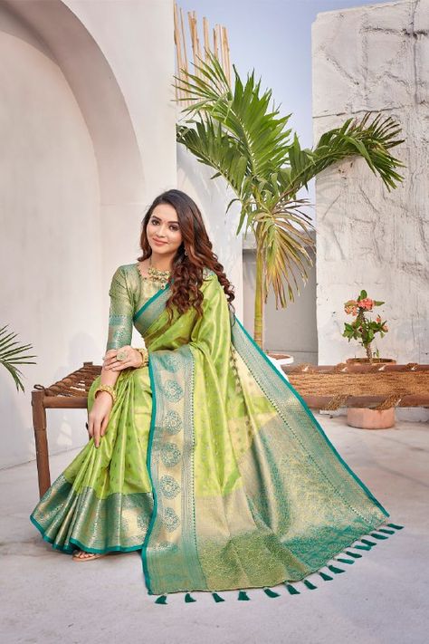 RHO K-10 SINGLES AVAILABLE LATEST LAUNCH OF ZARNA SILK WITH FINNEST WEAVING AND LOVELY TEXTURE OF JARI WEAVING FABRICS:- ZARNA SILK LEANTH:- 6.30 MTR(INCLUDING 0.80 BLOUSE) HEAVY RICH PALLU WITH HEAVY LOOK WEAVING OF ZARI UNSTICHED HEAVY SELF JEQURED WEAVED BLOUSE Parrot Green Silk Saree, Green And Blue Saree, Parrot Green Saree, Women's Party Wear, Engagement Saree, Brocade Saree, Simple Saree Designs, Parrot Green, Fashionable Saree