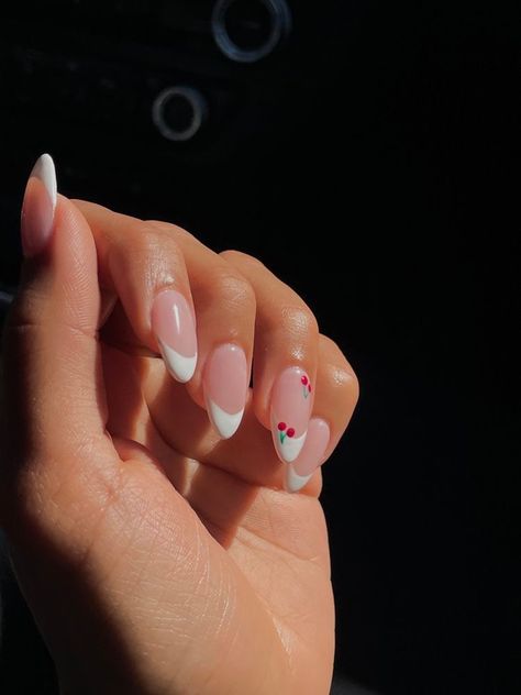 Cherry Nail Art French Tip, White French Tip Nails Almond With Cherries, Almond French Tip Nails With Cherries, French Almond Cherry Nails, French Tip Acrylic Nails Cherry, Cherry Oval Nails, Cherry Acrylic Nails Almond, French Nail Cherry, French Tip And Cherry Nails