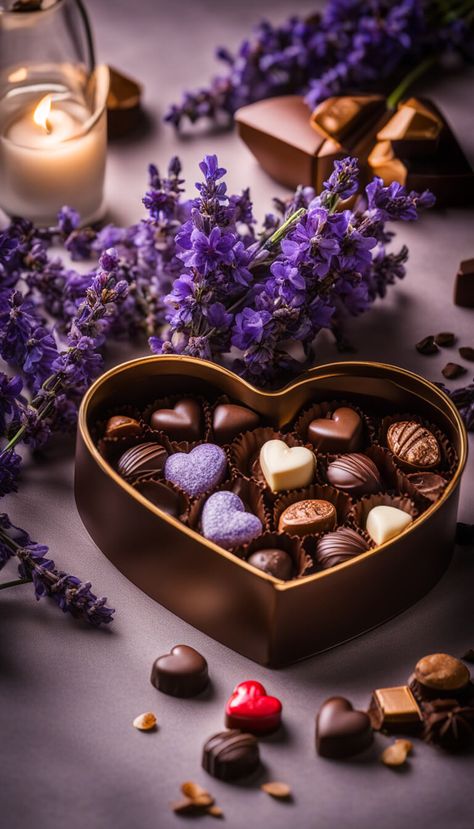 Wallpaper - assorted luxury chocolates and lavender flowers - AI creation Aesthetic Chocolate Pictures, Gift Box With Flowers, Aesthetic Chocolate, Box With Flowers, Pretty Flowers Pictures, Chocolate Pictures, Chocolate World, Luxury Chocolate, Happy Friendship