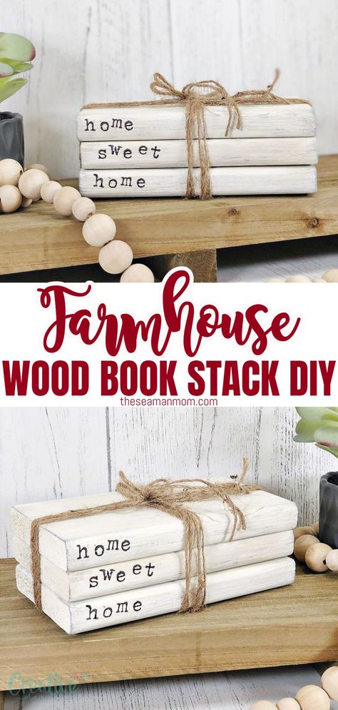 How To Make Wood Book Stacks, Diy Book Stacks Wood, Easy Diy Crafts For Home Decor, Book Stack Diy, Diy Wood Books, Farmhouse Book Stack, How To Make Something, Farmhouse Books, Wood Book