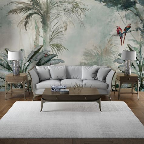 Palm Wallpaper Living Room, Latest Wallpaper Design For Bedroom, Tropical Wallpaper Living Room, Mural Jungle, Arch Wallpaper, Wallpaper Tree, Parrot Wallpaper, Wallpaper Forest, Painting Tropical