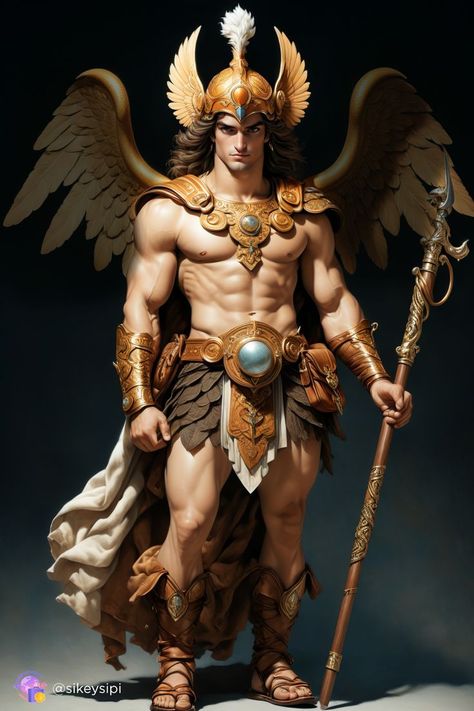 This digital painting presents Hermes, the Greek god, known for his travels and messenger duties. He is depicted in Greek armor, with a winged helmet and winged sandals, holding a staff with two snakes. #Hermes #GreekGods #DigitalPainting #Art Greek Gods Costume, Greek Armor, Winged Helmet, Greek God Costume, Two Snakes, Greek Helmet, Male Angel, Legends And Myths, A Staff