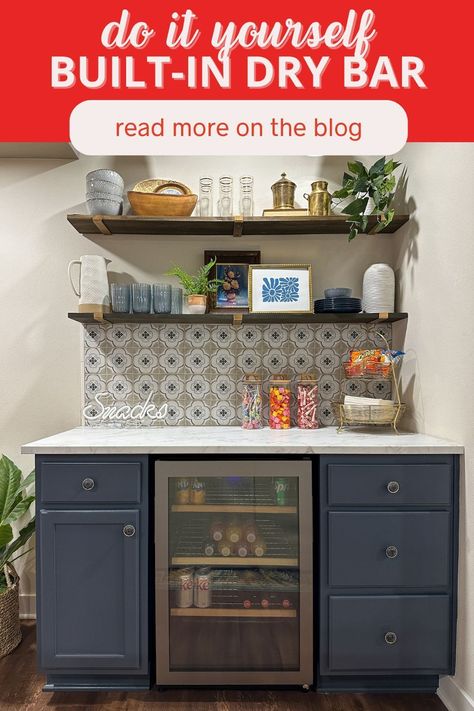 Maximize your space with a custom built-in dry bar made from stock cabinetry, laminate countertops, and open shelving! 🍹✨ Our tutorial shows you how to create a chic and functional bar area that's perfect for entertaining. Click to learn how to elevate your home decor with this DIY project! #DIYHomeBar #BuiltInBar #DryBar Bar With Beverage Fridge, Basement Snack Bar Ideas, Basement Dry Bar, Basement Dry Bar Ideas, Kitchen Beverage Center, Diy Dry Bar, Built In Wine Bar, Diy Wine Bar, Dry Bar Ideas