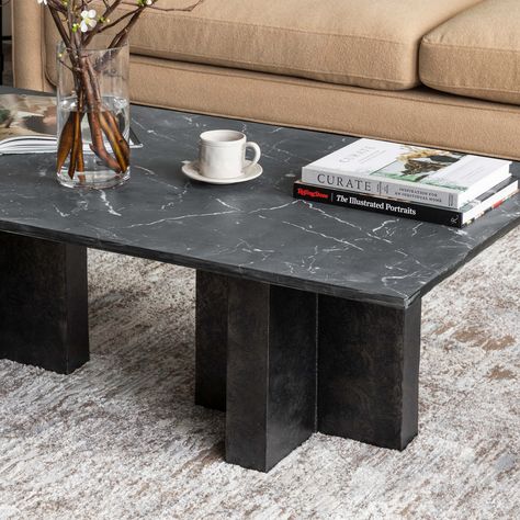 Classic with contrast. Finished in a raw black, uniquely angular cast aluminum legs support a rectangular tabletop of solid marble in a clean, polished black. Living Room Design Black, Black Marble Table, Granite Coffee Table, Black Marble Coffee Table, Rectangle Coffee Table Wood, Coffee Table Black, Table Marble, Sofa Bed Design, Black Coffee Tables