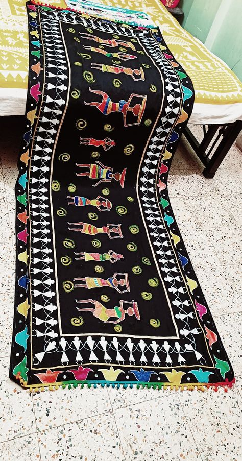 Warli art on dupatta Worli Painting, Warli Painting, Saree Painting Designs, Warli Art, Saree Painting, Fabric Painting On Clothes, Madhubani Art, Painting Designs, Painted Clothes