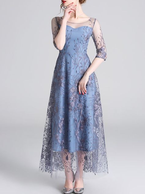 Stylewe Cocktail Dresses Summer Dresses Cocktail A-Line Crew Neck Half Sleeve Elegant Paneled Dresses Blue Mesh Dress, Fairy Embroidery, Kebaya Dress, Mode Abaya, Elegant Maxi Dress, Maxi Dress Cocktail, Dresses Elegant, Modern Dress, Embroidery Dress