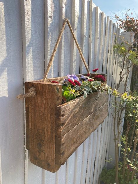 Fence Hanging Planters, Hanging Planters Outdoor, Planter Trough, Oak Wood Stain, Blue Mosaic Tile, Fence Planters, Wall Fence, Rustic Wall Hangings, Reclaimed Pallets