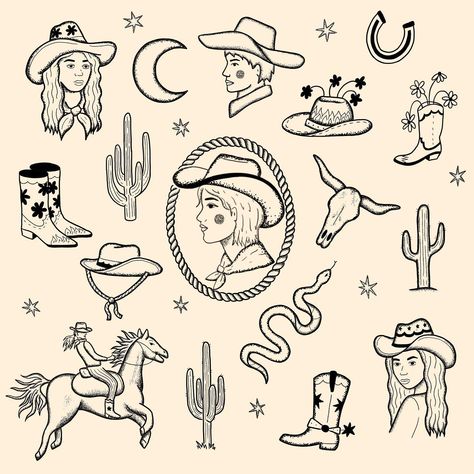 Western Vintage Tattoo, Flash Ideas Tattoo, Cowgirl Fine Line Tattoo, Western Finger Tattoos For Women, Cowgirl Tattoos Traditional, Western Flash Tattoo, Dainty Tats, Cowgirl Tattoo, Western Tattoo