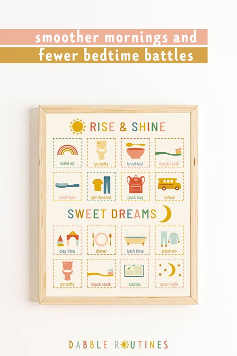 morning and bedtime routine chart with images for each routine. Top of chart says rise and shine with 8 morning routine images below. Bottom of chart says sweet dreams with 8 bedtime routine images below. Kids Visual Schedule, Toddler Morning Routine, Bedtime Chart, Toddler Routine Chart, Daily Routine Kids, Toddler Chart, Toddler Bedtime Routine, Bedtime Routine Chart, Morning Routine Chart